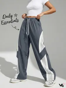 Vibe404 Women's Y2K Baggy Parachute Track Pants Water Resistant Gray Wide Leg Sweatpants High Waisted Side Stripe Streetwear Lightweight Windbreaker Trousers Harajuku Acubi Blokette Fashion Spring