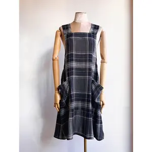 Grey, Black, & Blue Plaid Wool Pinafore Apron w/ Patch Pockets