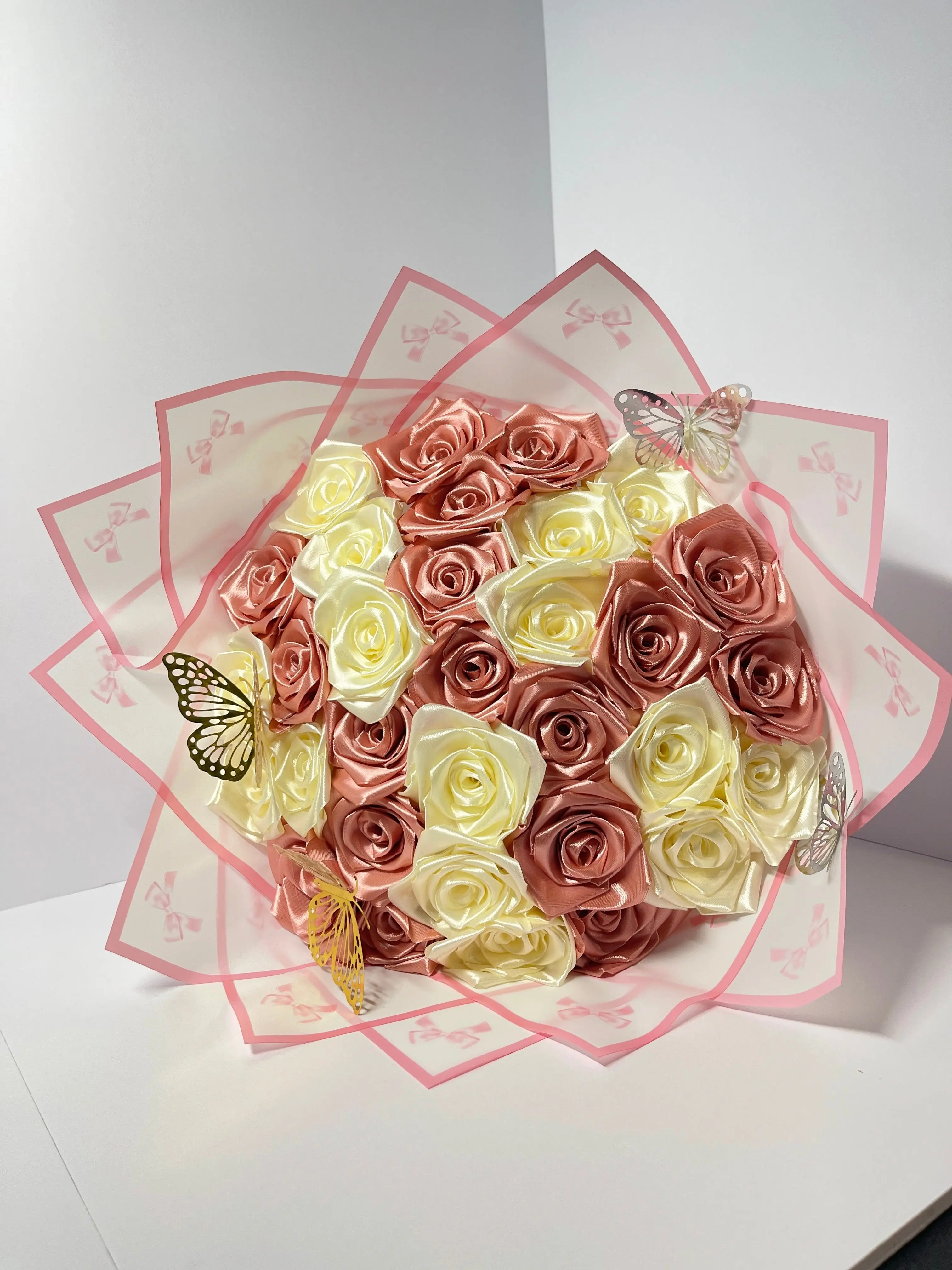 Handmade Satin Ribbon Rose Bouquet - Rose Gold & Cream (32-Rose)