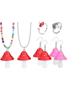 6 Pcs Mushroom Earrings Necklace Ring Set for Women Bead Mushroom Necklace Red Pink Mushroom Earring Mushroom Ring Mushroom Jewelry Matching Jewelry Set