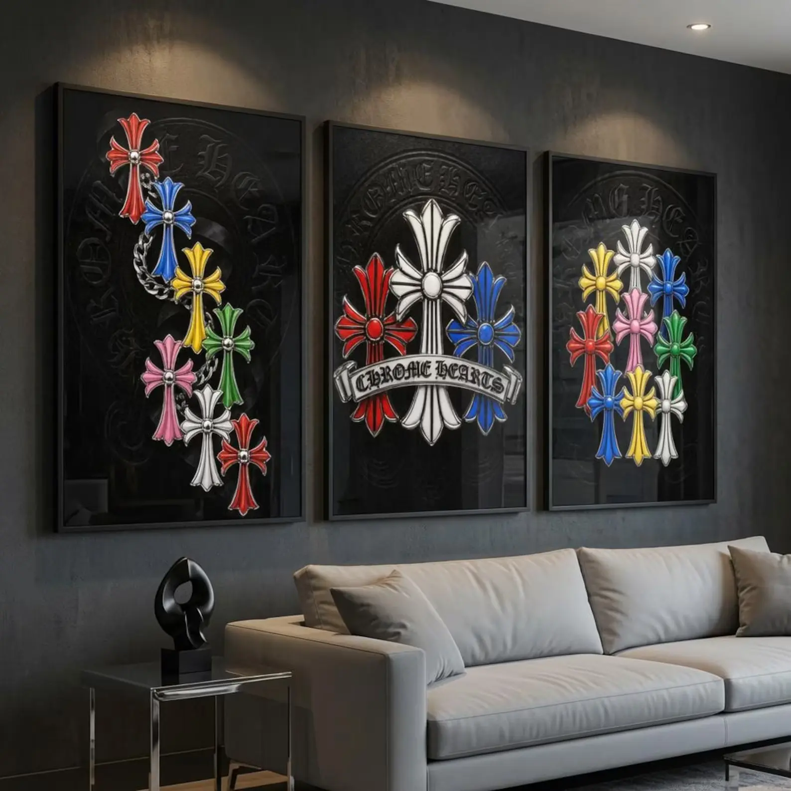 Chrome Hearts Wall Art Set of 3, Colorful Gothic Cross Posters, Chrome Hearts Decor, Hypebeast Y2K Luxury Streetwear Room Wall Decor Prints