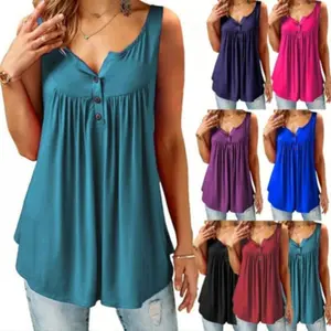 Green Women’s V-Neck Buttoned Pleated Tank Top T-Shirt, Casual