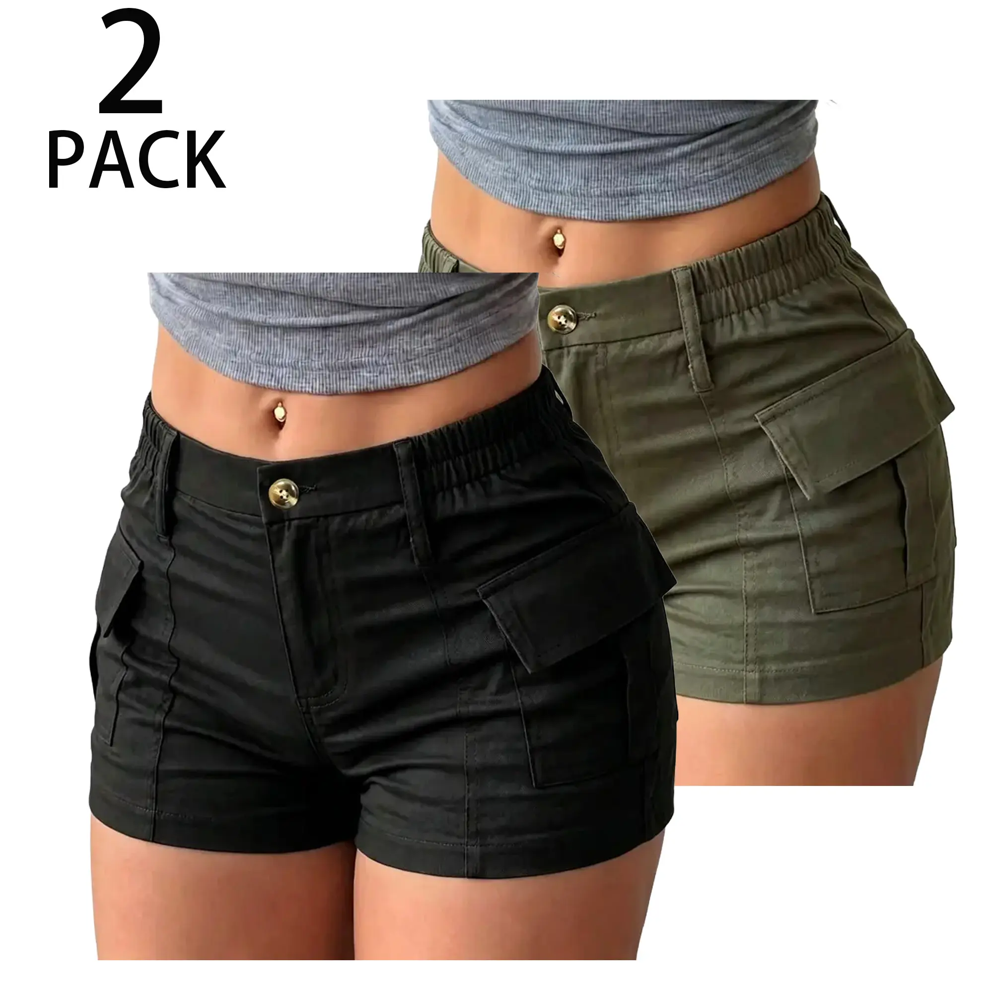 2-Pack Women’s American Workwear Short Shorts - Side Large Patch Pockets, Semi-Elastic Waist, Casual sophisticated day to night all day comfort chic look modern everyday essential luxe feel