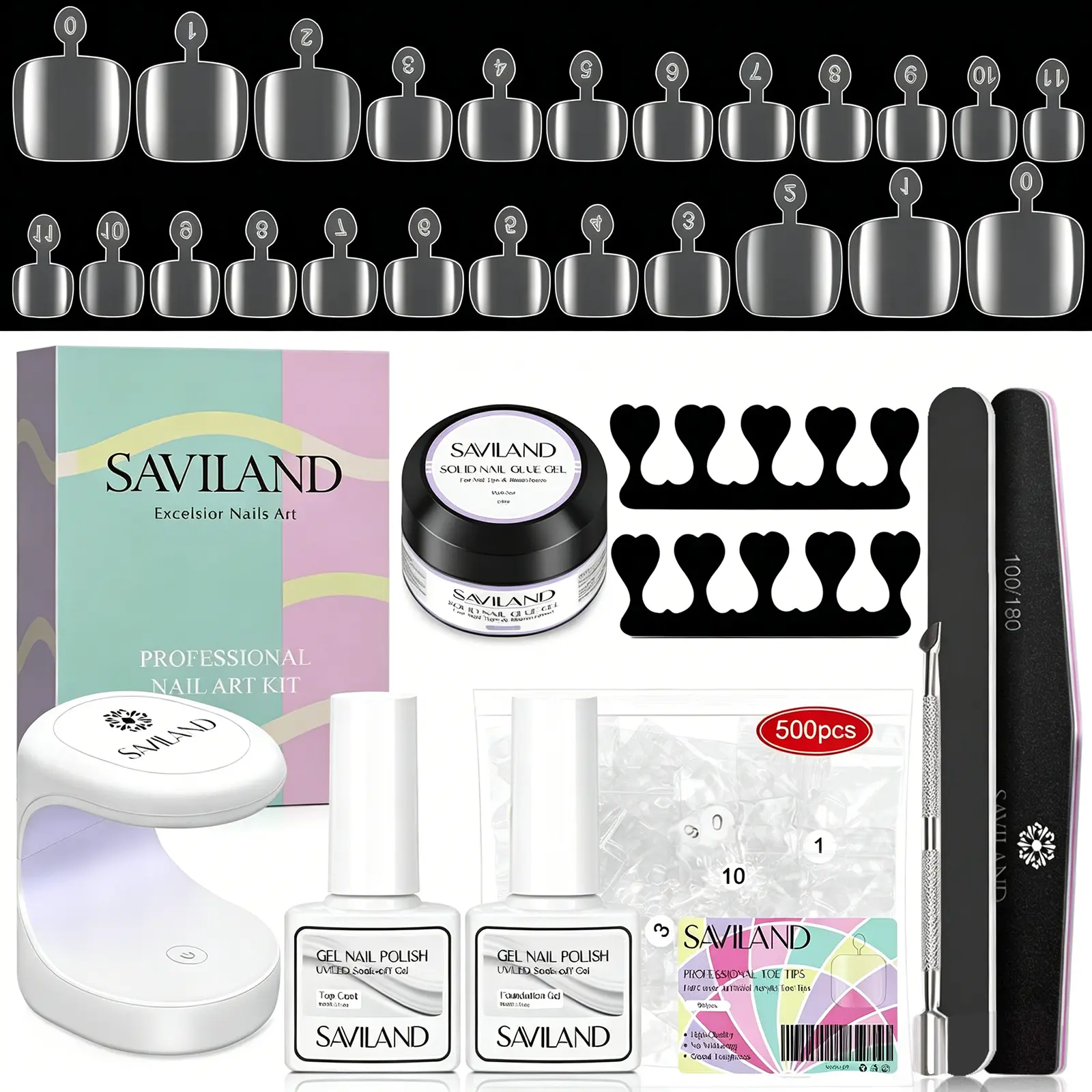 SAVILAND Toenail Tips & Solid Glue Gel Kit: Includes 500 clear press-on toe tips, nail glue gel, base coat, top coat, and a UV light—perfect for salon-quality pedicures at home. Ideal DIY gift for women