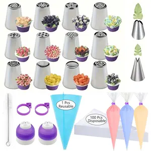 120-Piece Cake Decorating Kit Set, Pastry Decorating Tools, Includes 12 Icing Tips, 2 Leaf Tips, Blue Piping Bag, 100 Disposable Bags, Brush, 2 Ties, 2 Large Converters