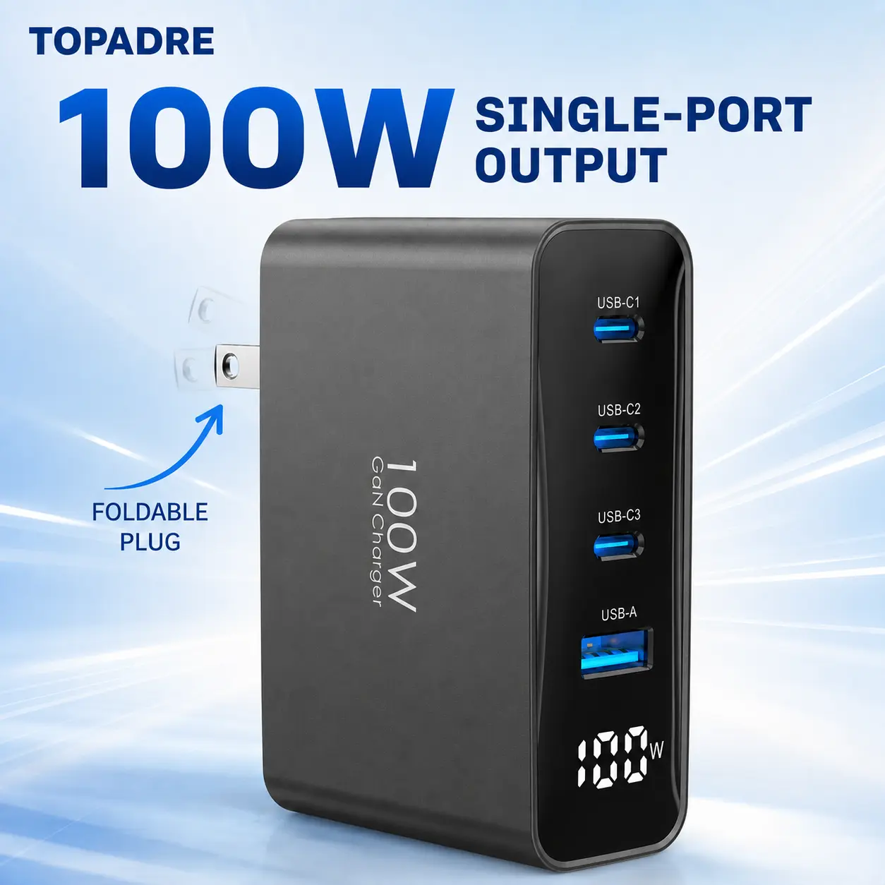 TOPADRE 100W USB-C GaN Power Adapter - US Type 4-Port Foldable Fast Charging Solution for Mobile, Electronic Devices, MacBook, Samsung Galaxy, AC Plug Block with 100W Single-Port Output, LED Display (Black)
