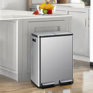 Dual Compartment 16-Gallon Stainless Steel Kitchen Trash Can with Lid and Step Pedals, Fingerprint Proof Garbage Bin for Home and Office