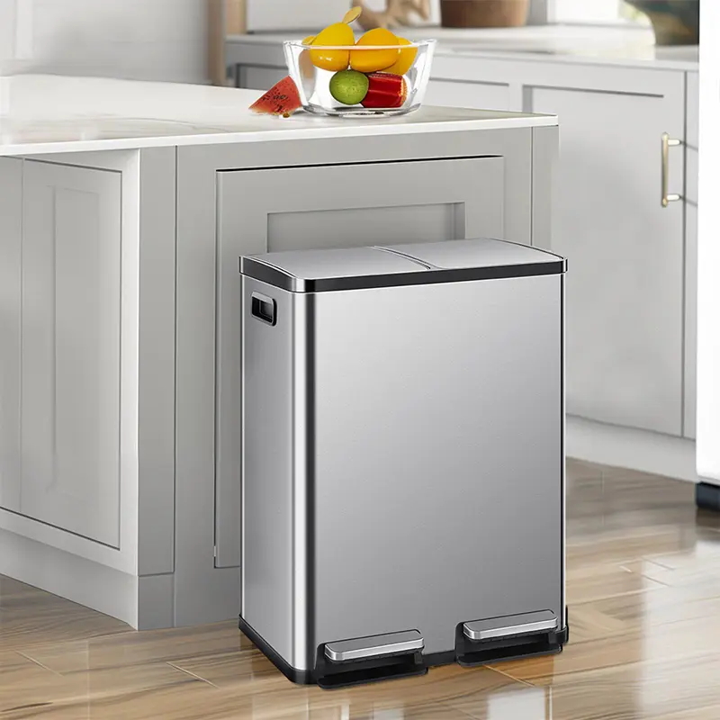 Dual Compartment 16-Gallon Stainless Steel Kitchen Trash Can with Lid and Step Pedals, Fingerprint Proof Garbage Bin for Home and Office
