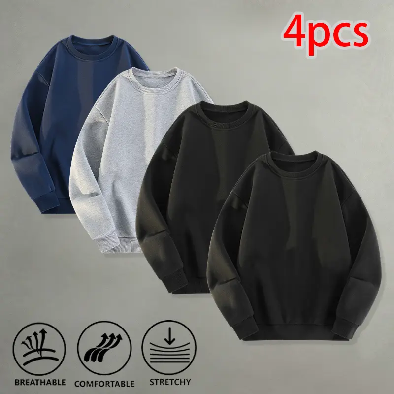 Oversized crewneck sweatshirt, 4-pack solid-color long-sleeve pullover tops, suitable for street style, outdoor hiking, and everyday casual wear