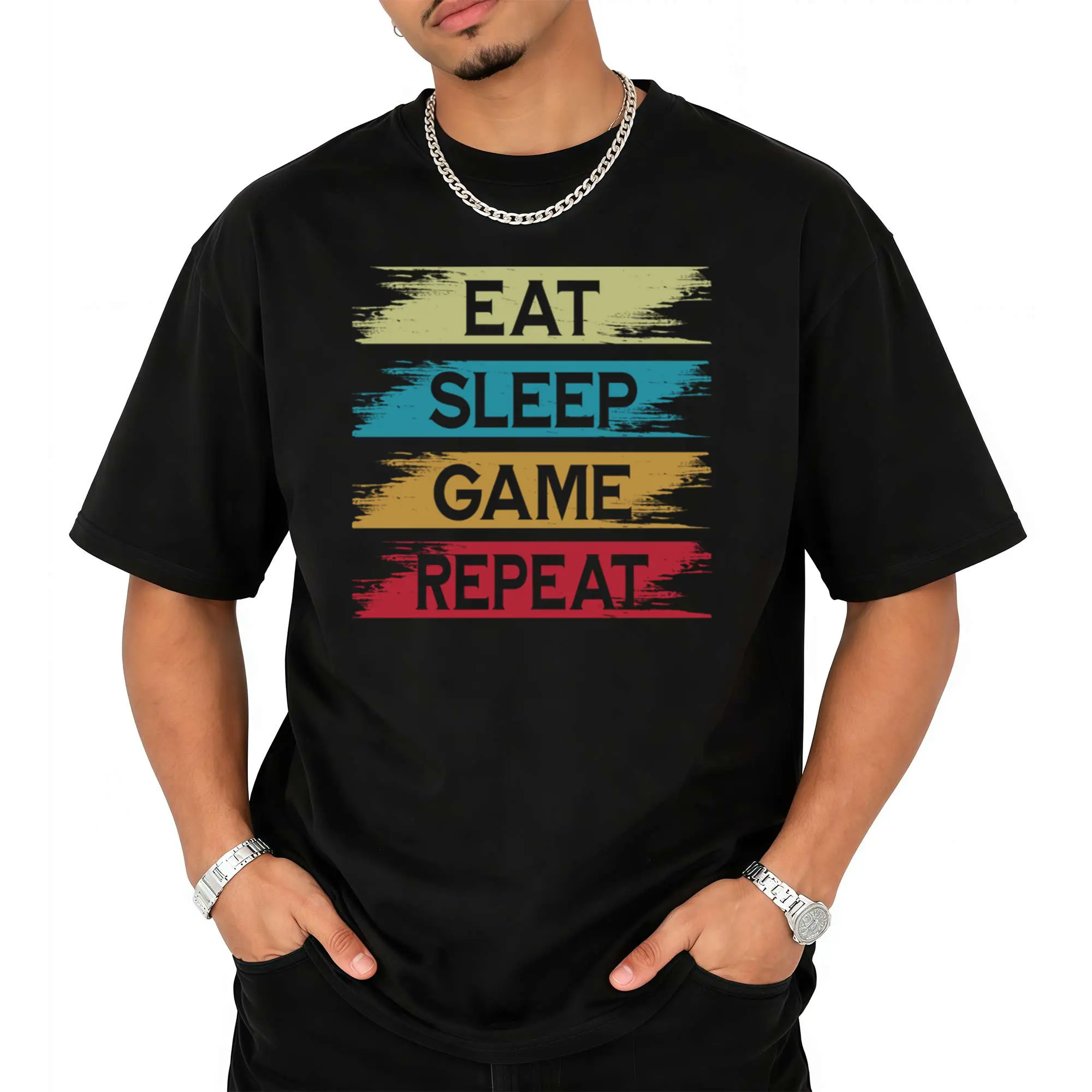 Men'S Eat Sleep Game Repeat Graphic T-Shirt | Black Casual Loose Fit Tee with Colorful Brush Stroke Print, All-Season Comfort, Hand Washable, Novelty Christmas Gift for Gamers, Gamer Apparel