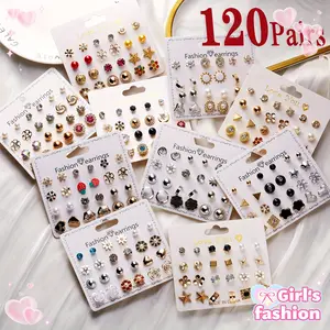 120Pairs Multi Style Stud Earrings Set, Imitation Pearl Flower Heart Shaped Strawberry Earrings Set, Combination Round Bead Crystal Stud Earrings for Women, Perfect for Party Accessories & Daily Wear
