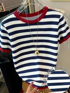 American Vintage Striped Colorblock T-Shirt, Round Neck Slim Fit Short Top, Casual Commuter Wear, Women's Fashion Tee