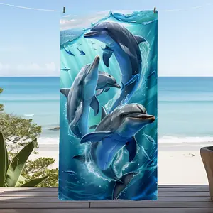 Dolphin Beach Towel, Modern Square Large Microfiber Soft Absorbent Sunscreen Lightweight Towel for Beach Shower Swimming Pool Camping Travel, Beach Accessories, Holiday Essential Gift summervibes