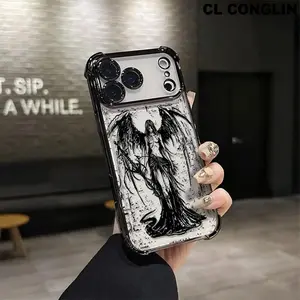 Black Fallen Angel Pattern Four-corner Drop-proof TPU Phone Case for iPhone 17 Air iPhone 16 Pro Max 15 14 13 12 11 Plus Shockproof Full Camera Protection Durable Slim Silicone Case