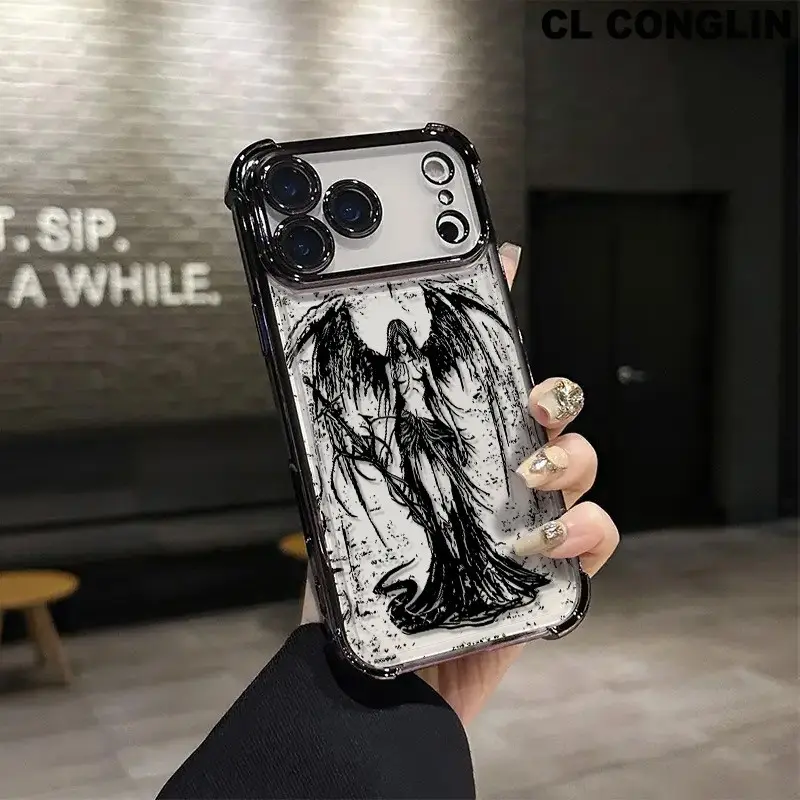 Black Fallen Angel Themed Luxury TPU-Silicone Custom Smartphone Cover - 4-Corner Drop-Proof, Shockproof, Slim Fit Protective Case, Full Camera Protection, Durable Lights-Ready Accessory for iPhone 17,16 Pro Max,15,14,13,12,11 Plus Smartphones & Devices