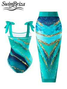 Briza｜Tie Shoulder One Piece Swimsuit For Women In Teal Marble Gold Glitter, Vacation Swimwear For Women With Sarong Skirt, Bathing Suit Fancy With Swimsuit Cover Up For Women, Cute Swimsuits For Women And Bathing Suits For Women Confidence