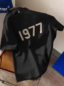 1977 Vintage Year Printed Short Sleeve T-Shirt, Loose Round Neck Casual Daily Wear, Fitted Long Clothing, Random Print