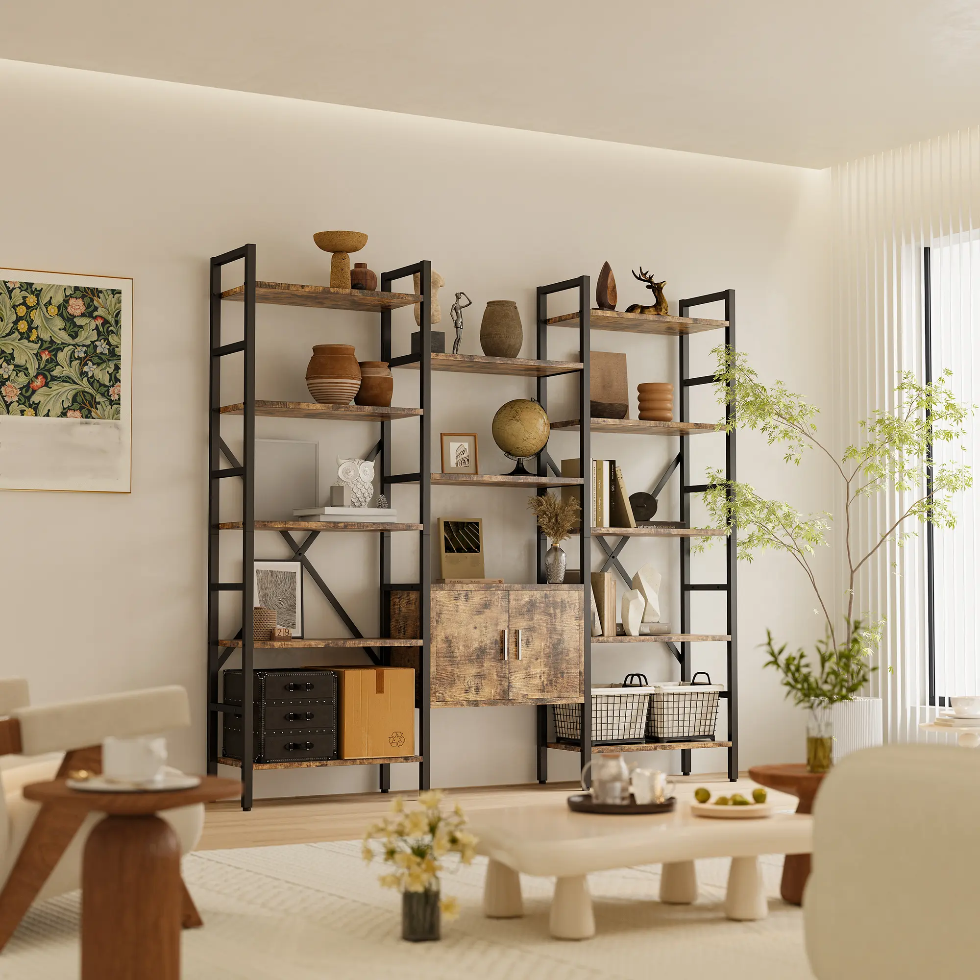 Industrial Bookshelf, 70"x 70" Large 5-Tier Triple Bookcase with Storage Cabinet, 14-Shelf Display Unit, Metal Frame Etagere Furniture for Living Room, Bedroom, Home Office Rustic Brown
