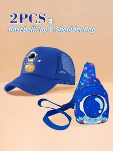 2PCS Kids' Trucker Hat & Chest Bag Set, Polyester Baseball Cap, Fashion Sun Hat with Astronaut & Moon Patterns, Space Element Chest Bag, Suitable for Boys' Daily Matching in Back-to-School Season, Ideal as a Gift
