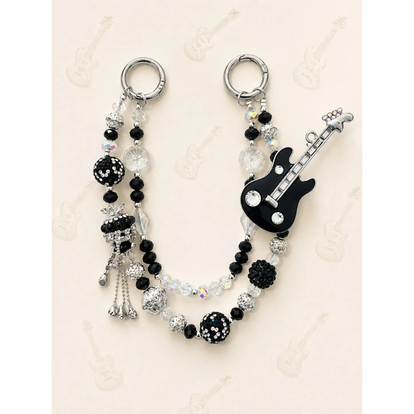 Black Guitar Keychain with Beads and Charms for Music Lovers