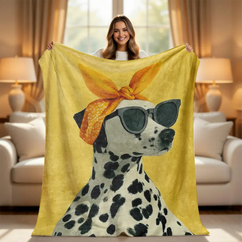 Dalmatian Dog Blanket, Funny Dog Throw Blanket for Couch Bed Sofa, Cute Puppy with Sunglasses Fleece Blanket, Yellow Aesthetic Plush Cozy Blanket, Pet Lover Gift, Modern Dog Room Decor Blanket