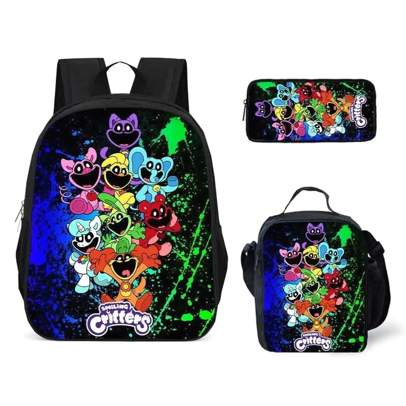 Cute Smiling Animal Critters 3Pcs Backpack Set - Schoolbag Insulated Lunch Tote Pencil Case - Back to School Gift for Kids