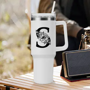 Initial Letter & Floral Pattern Vacuum Insulated Tumbler with Lid & Straw, 1 Count 40oz Stainless Steel Personalized Tumbler Cup, Birthday Gift