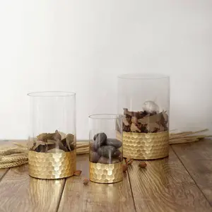 Set of 3 Glass Cylinder Vases Honeycomb Design 6", 8", 10" Clear with Gold Base - Tealight Wedding Centerpieces