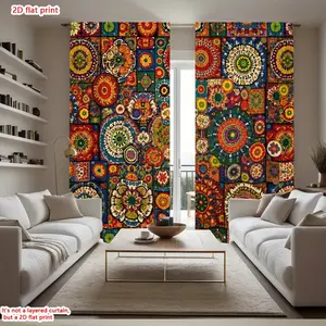 2D Flat 2Pcs Bohemian Mandala Medallion Curtain Panels, Vibrant Folk Art Window Drapes for Living Room, Bedroom & Dining Decor, Privacy Semi Blackout Rod Pocket Curtains, Home Decoration Curtain