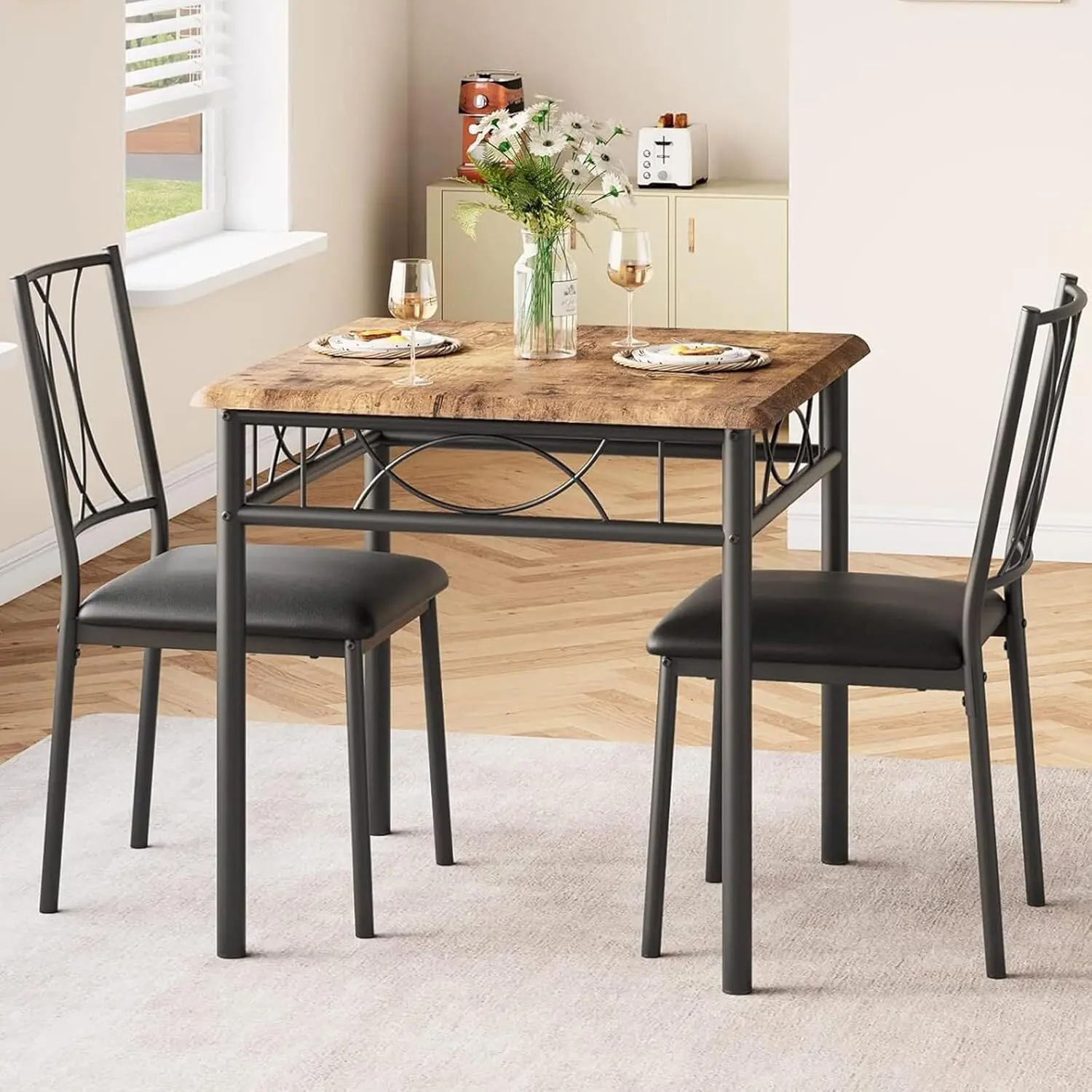 Dining Table Set for 2, Square 3 Piece Kitchen Room Sets with 2 Upholstered Chairs, Compact Dining Room Table Set for Apartment, Small Space, Retro Brown