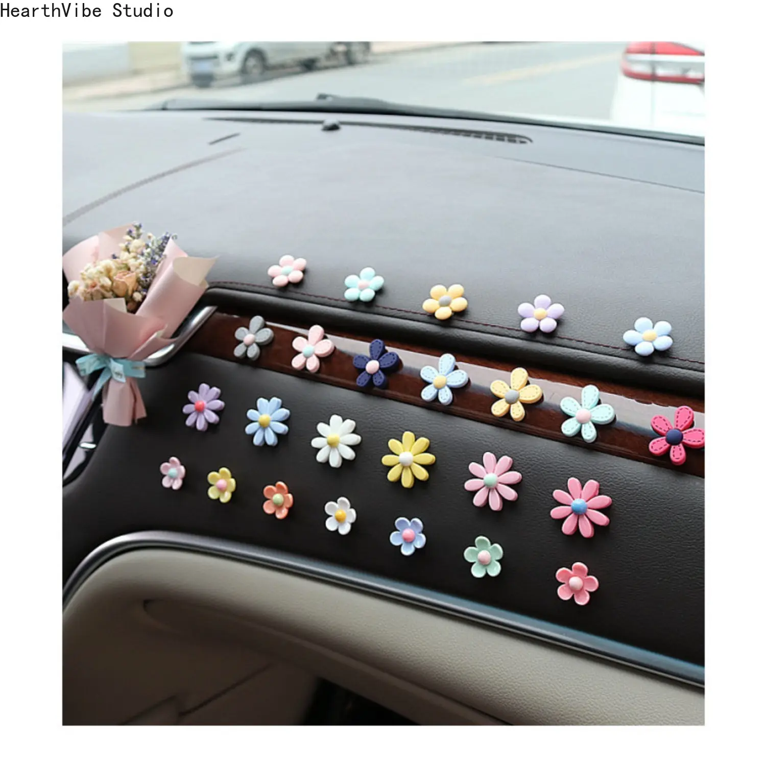 Women's 20Pcs Mini Resin Daisy Flower Car Interior Ornaments, Cute Car Decor, Girly Auto Interior Accessories, DIY Hammock Camping Outdoor Decor, Car Interior Accessory, Accessories For Car