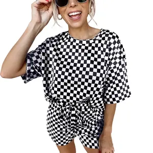 Women 2 Piece Checkered Outfits Casual Plaid Print Short Sleeve Pullover Top and Shorts Matching Lounge Set