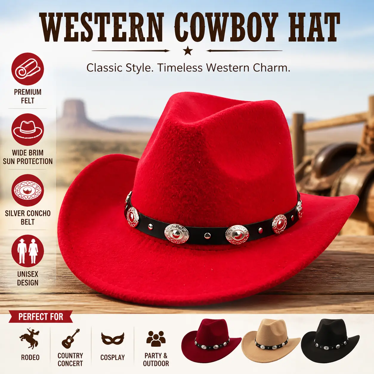 Bright Red Felt Western Cowboy Hat For Men Women, Ethnic Silver Concho Belt Cowgirl Hat, Vintage Wide Brim Sun Hat For Rodeo, Country Concert, Cosplay & Outdoor Party