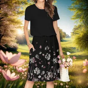 Womens Summer Hide Belly Knee Length Travel Dress Pocket 2025 Spring Short Sleeve Midi Work Casual Teacher Outfits Comfortable Adjustable Drawstring Waist Clothes Clothing Fabric Womenswear summer outfits wendy ortiz pool party outfit milkmaid dresses