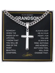 To My Grandson Stainless Steel Cross Necklace with Message Card and Gift Box Religious Necklace, Faith Necklace, First Communion,Baptism,Graduation, Birthday, Christmas Gift From Grandma Jewelry Gifts