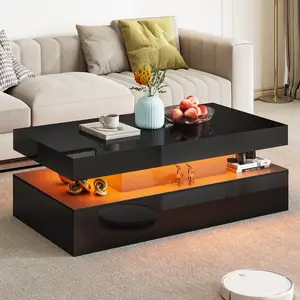 AMERLIFE High Gloss LED Coffee Table, Modern 2-Tier Center Table with LED Lights, Open Storage Space, 40in Simple Rectangular Sofa Side Table