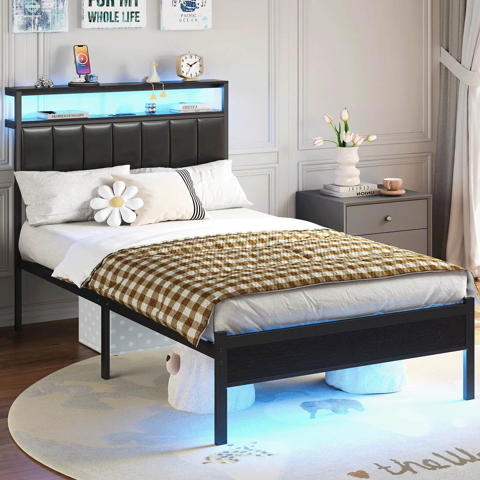 Modern Wooden Headboard Upholstered Bed Base in Black, Metal Bed Frame Featuring LED Lights and Charging Hub, 2‑Tier Storage Headboard, Under Bed Storage, Led Storage Bed Frames Modern Wooden Headboard Reversible Storage Headboard