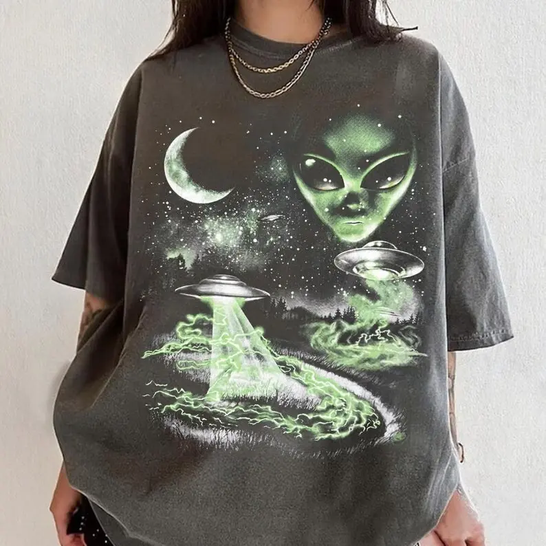 Comfort Colors Vintage Alien UFO 90s Graphic TShirt, Washed Retro Sci Fi Alien Abduction Tee, Extraterrestrial Space Graphic Shirt, Unisex Cosmic Gift