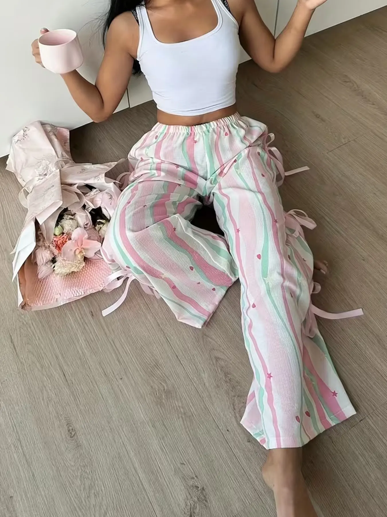Women's Multicolor Striped Plaid Wide Leg Pants, Side Bow Tie Long Pants, Sweet Casual Heart Star Print Sleep Pants, Casual Summer Sleepwear, Nightwear, Loungewear, Boho Style, Bohemian, Womenswear, Pjs, Homewear