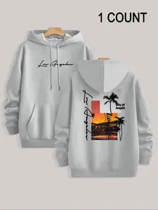 Men's Casual Loose Hooded Sweatshirt with Letter Coconut Tree Print, Fleece Lined Pullover for Fall & Winter, Comfortable Fit, Casual Streetwear Sweatshirt