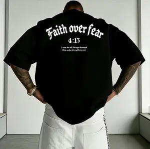 Menswear Cotton Short-Sleeve T-Shirt, Black, Oversized Drop Shoulder, Faith Over Fear Letter Graphic