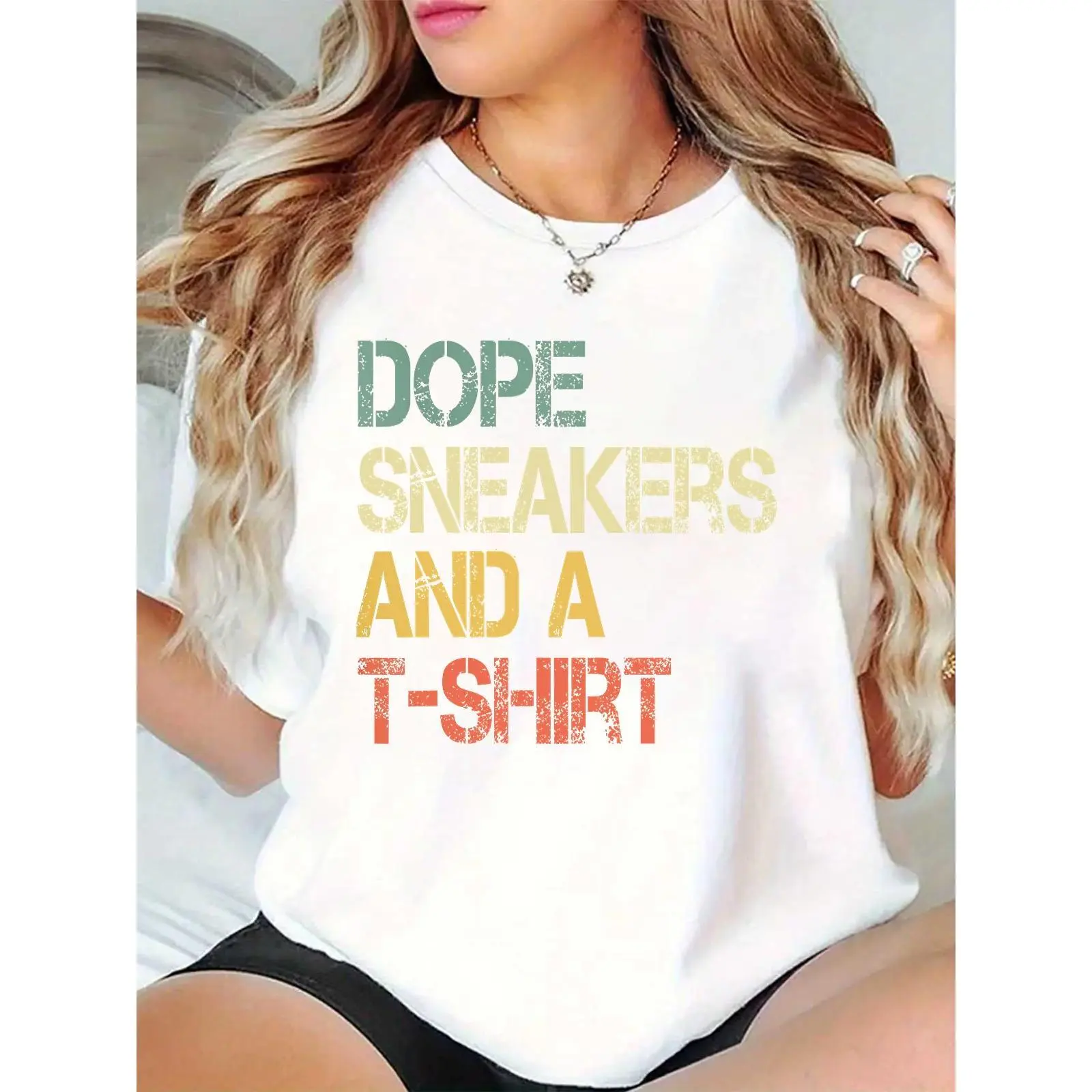 Women’s White T-Shirt with “Dope Sneakers and A T-Shirt” Retro Distressed Text Print | Casual Streetwear for Sneaker Enthusiasts, Daily & Weekend Outfit 100% Cotton T-shirt