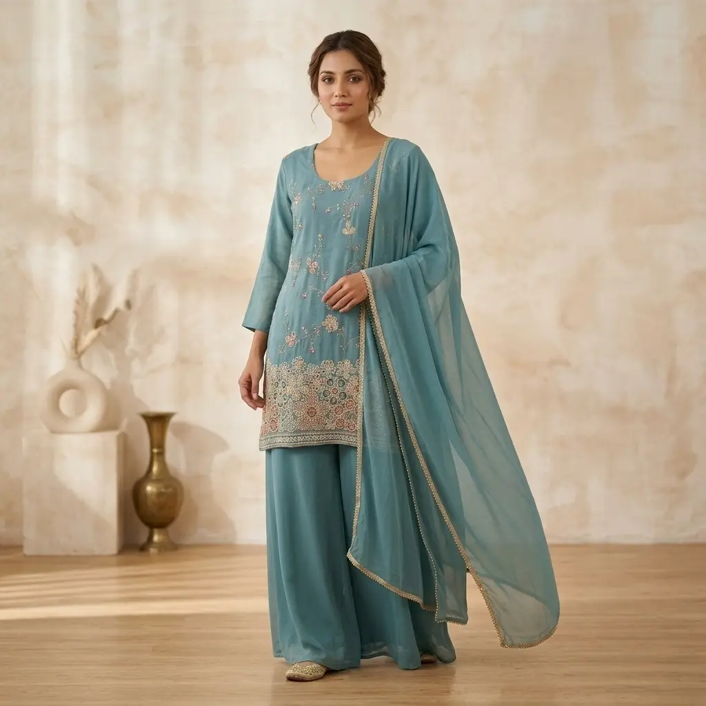 Plus size embroidered palazzo kurta Set