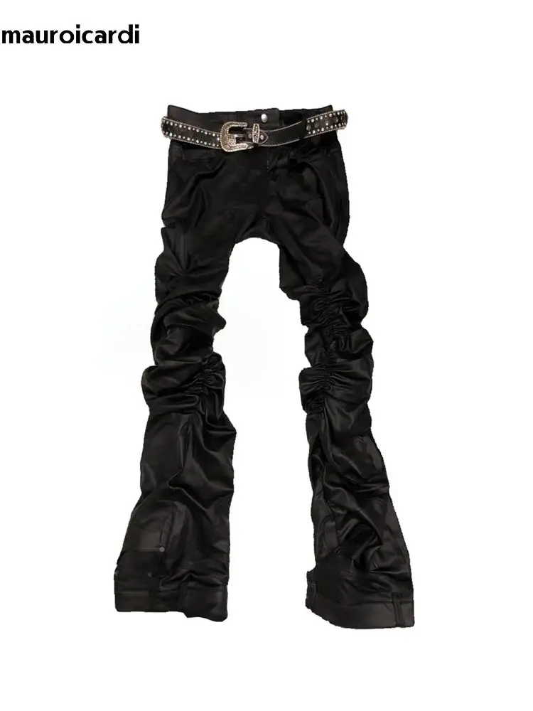 Mauroicardi Ruched Stacked PU Leather Edgy Men's Pants - Menswear Luxury Streetwear Fashion Bottoms