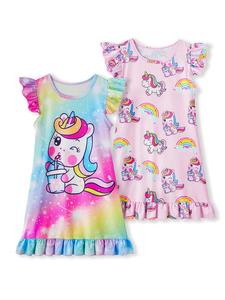 girls' rainbow unicorn print nightgown set, loose-fit fly sleeve sleepwear dress, halloween back-to-school gift, all-season casual style