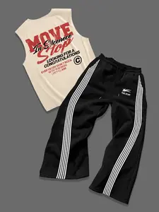 Men's Letter Graphic Tank Top & Tracksuit Bottom Two-piece Set, Regular Fit Sleeveless Round Neck Top & Striped Trim Sweatpants, Casual Summer Clothes Set for Outdoor