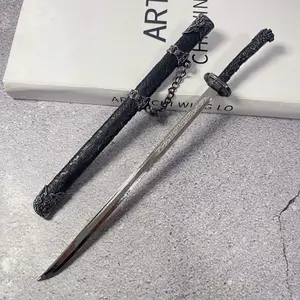 10inch 26cm Metal Fake Katana Figurine Model Original Samurai Sabre China Ancient Medieval Sabre Figurine Model Damascus Sword Black Sword Steel Blade Iron Ninja Knife Anime Cosplay Accessories Prop Real Size Japanese Katana Figure Model Gift