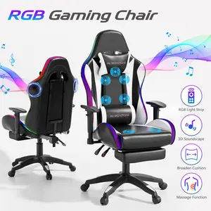 【Music Chair】Mr IRONSTONE Gaming Chair with Speakers and Led Lights Ergonomic Massage Computer Gaming Chair with Broaden Cusion and Footrest High Back Video Game Chair for Adults Kids Boyfriend Father's Gift, Blue Black and Pink