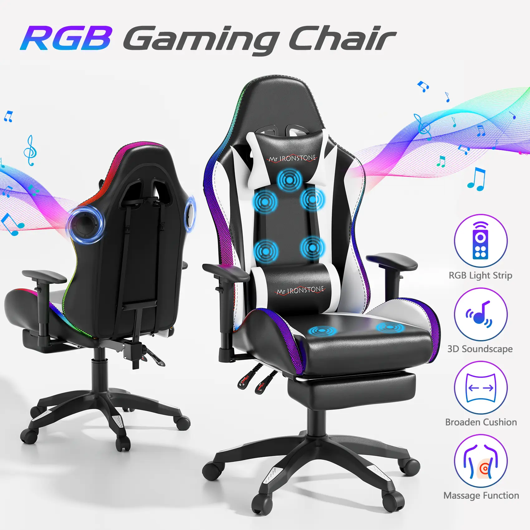 【Music Chair】Mr IRONSTONE Gaming Chair with Speakers and Led Lights Ergonomic Massage Computer Gaming Chair with Broaden Cusion and Footrest High Back