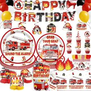 NeoRov 208 Pcs Firetruck Birthday Decorations Tableware Set - Service 25 Guests - Includes Banner, Cake Topper, Balloons, Plates And Napkins Paper Cup - For Firefighter Party Decorations